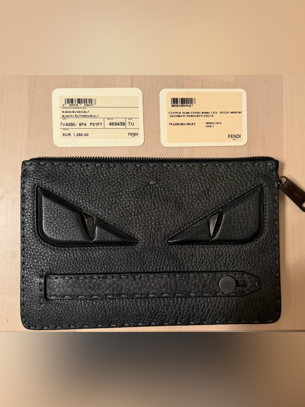 Fendi Black Calf Skin Leather Monster Bugs Men's Clutch with Iconic Eye Detail